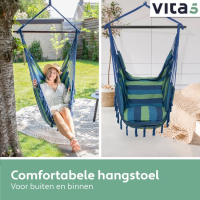 Vita5 XXL Hangstoel | Binnen&Buiten Hangnest | Incl. 2 Kussens en Boekenvak | Volwassenen&Kinderen | Hangmatstoel tot 200kg | Blauw/Groen zonder Ophangsysteem
